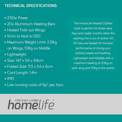HomeLife 230w Electric Clothes Dryer 20 Bar E9701